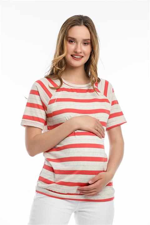 Perla Blanca Kırmızı Beyaz Çizgili Varak Detaylı Emzirme Özellikli Hamile Tişörtü
