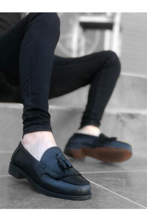 BazaarModa Püsküllü Mat Siyah Corcik Klasik Ayakkabı