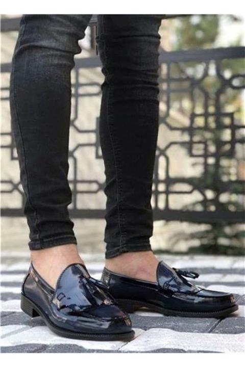 BazaarModa Püsküllü Corcik Lacivert Rugan Klasik Erkek Kadın Unisex Ayakkabı